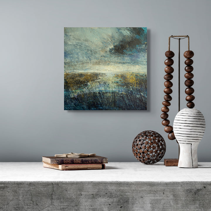 Interior Decor Abstract painting on a gray wall with decorative items.