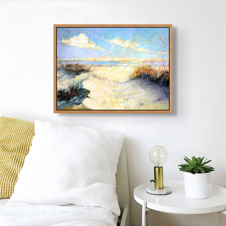 Framed abstract oil painting of a beach and sand dunes and grasses.