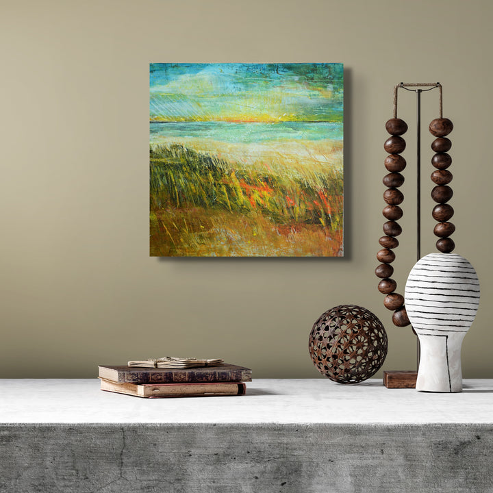 Abstract beach wave and grass painting on a wall.
