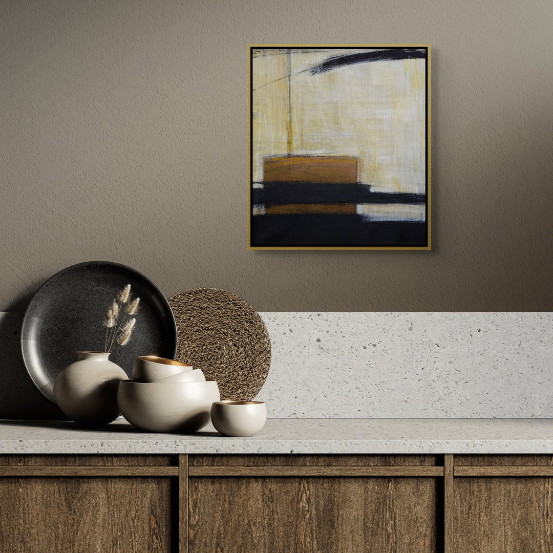Minimalist japandi wabi sabi decorative setting with abstract art on the wall.