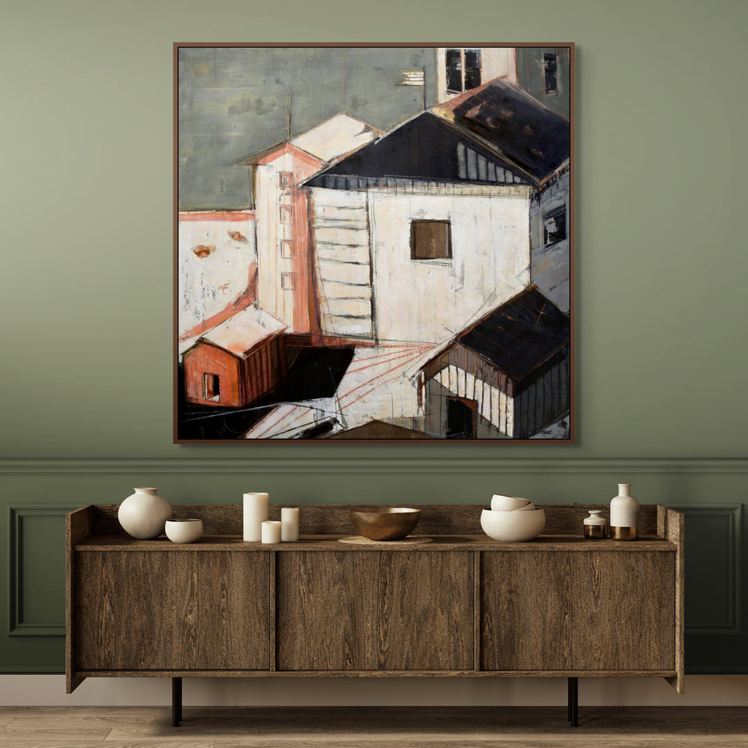 Framed wabi sabi abstract architectural painting on a wall.