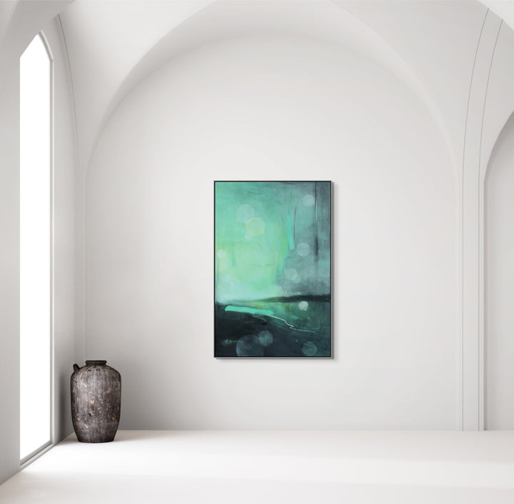 Large painting artwork on a white wall with lens flares.