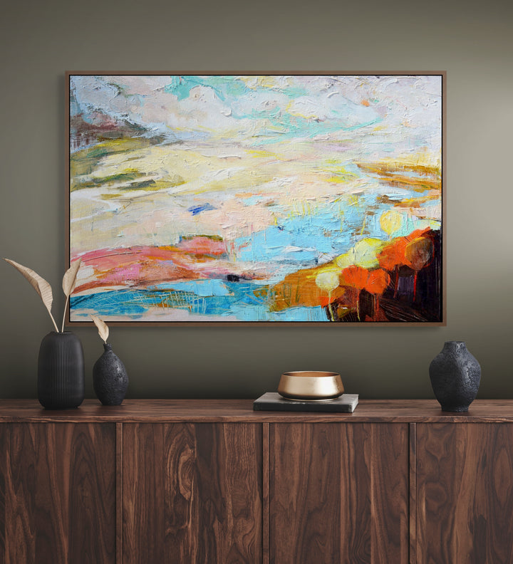 Rectangular Abstract landscape  painting on a wall .