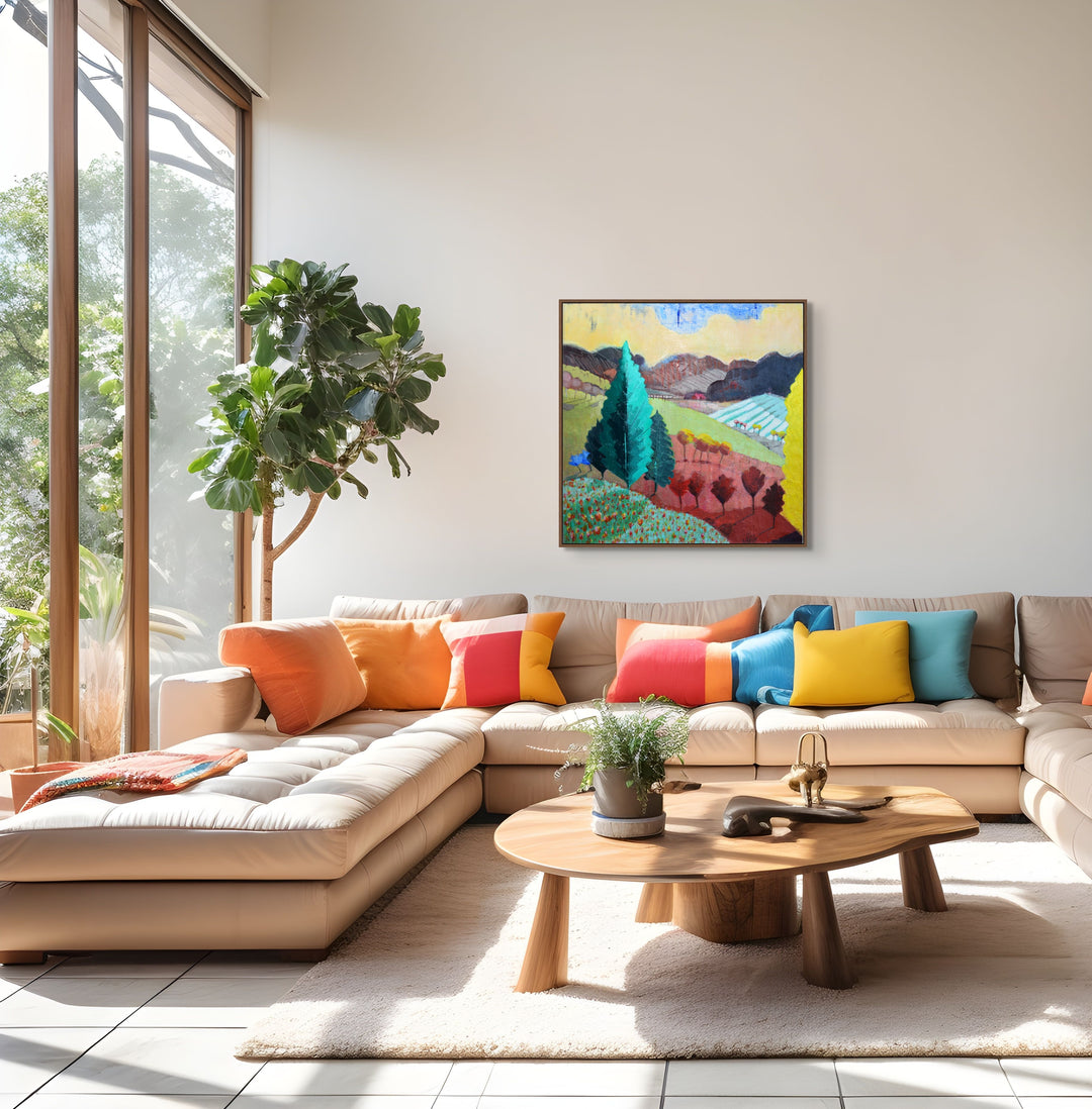 Modern living room with colorful abstract painting.