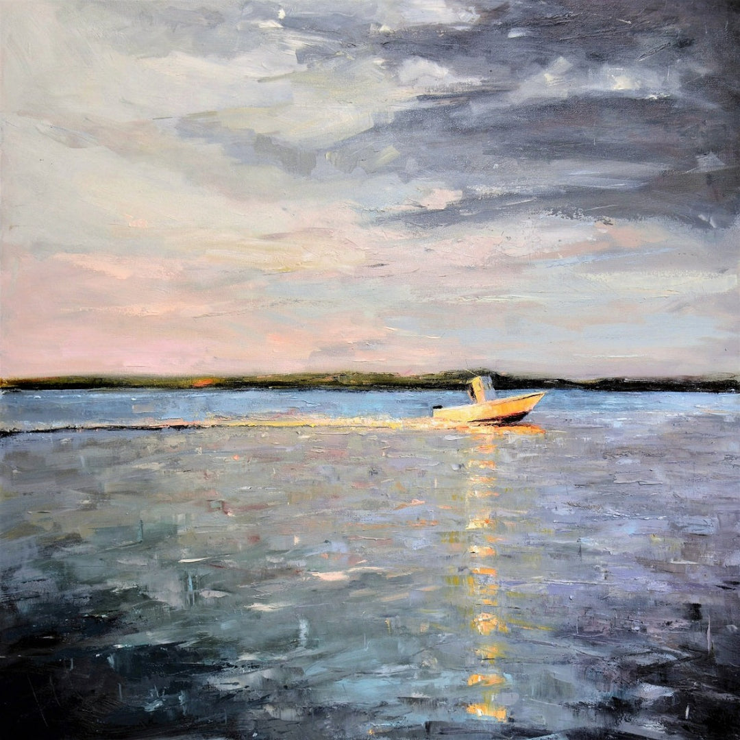 Coastal oil painting of boat on water.